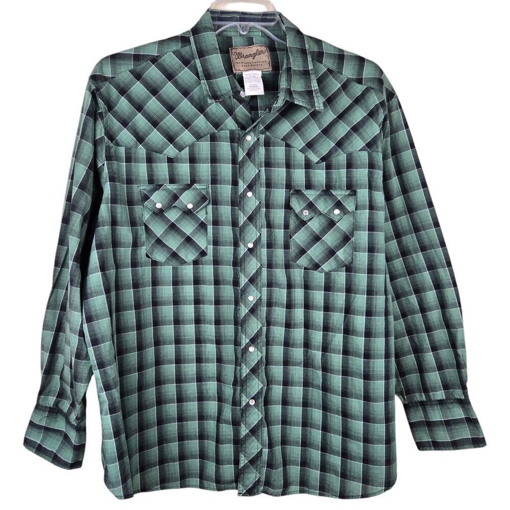 Wrangler Pearl Snap Button Shirt Sz XXL Green Plaid Long Sleeve WM136GN